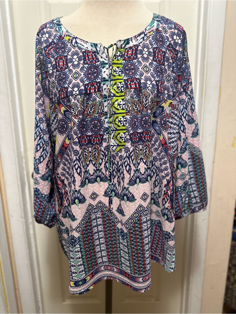 Figueroa & Flower Boho Mixed Print Tassel Peasant Blouse - Size XL #593